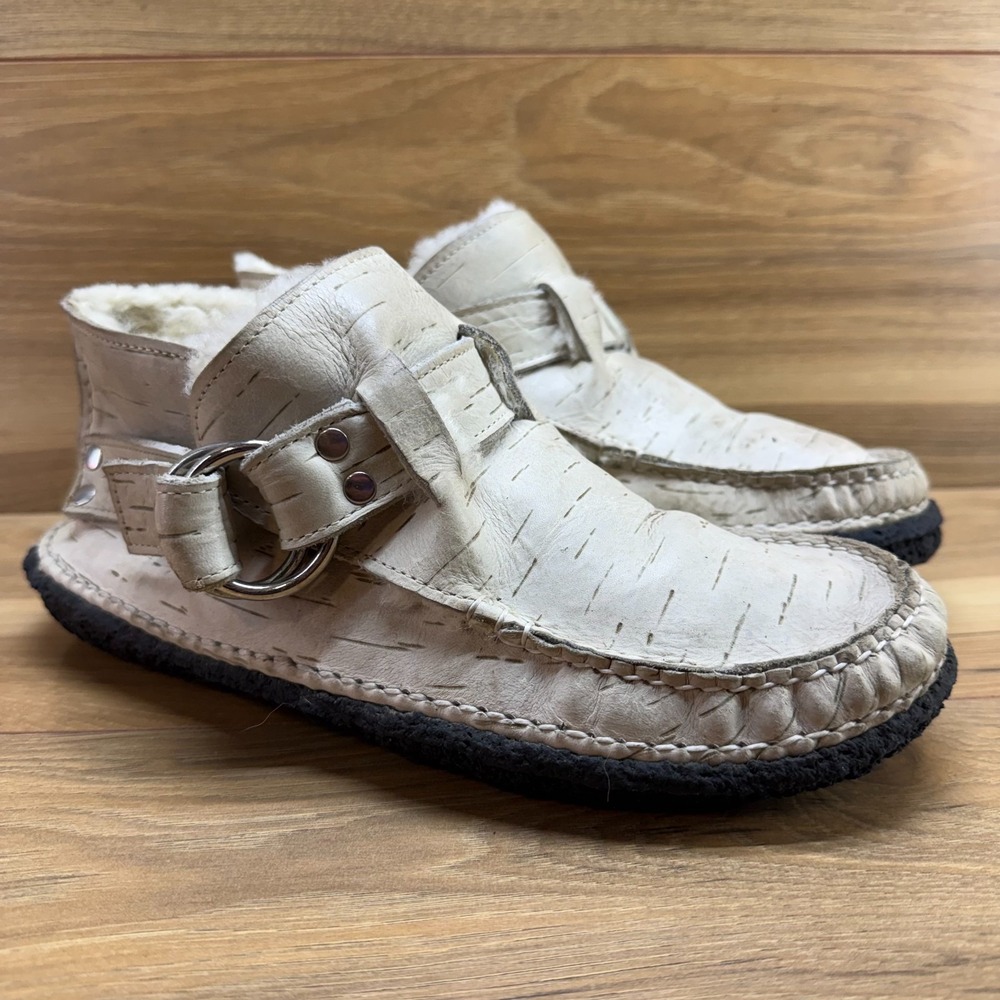 QUODDY Ring Boots Womens 10.5 Cream Leather Shearling Sherpa Fur Lined Crepe